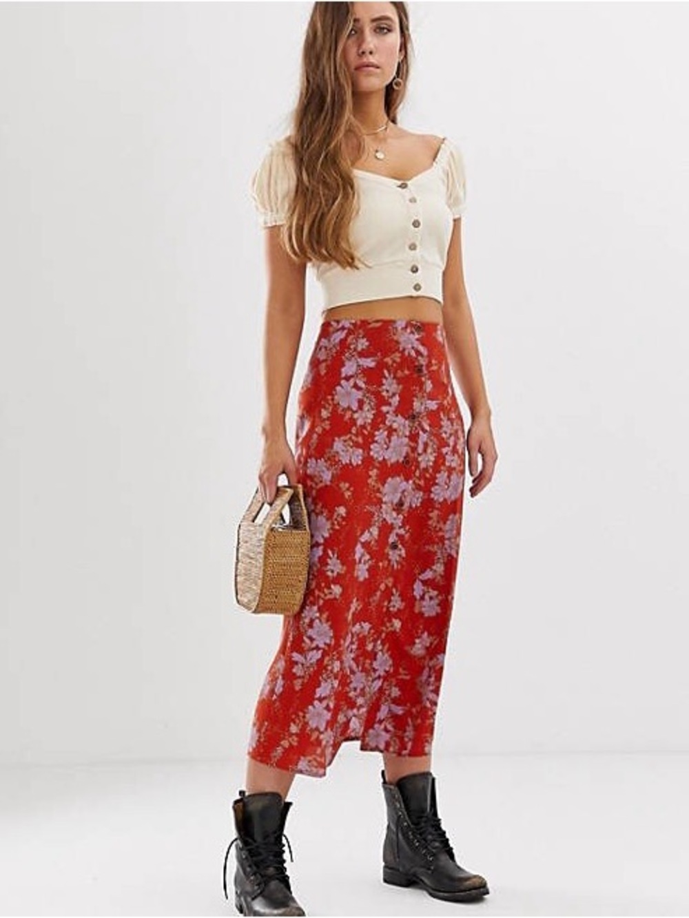 Free People Red Floral Midi Skirt